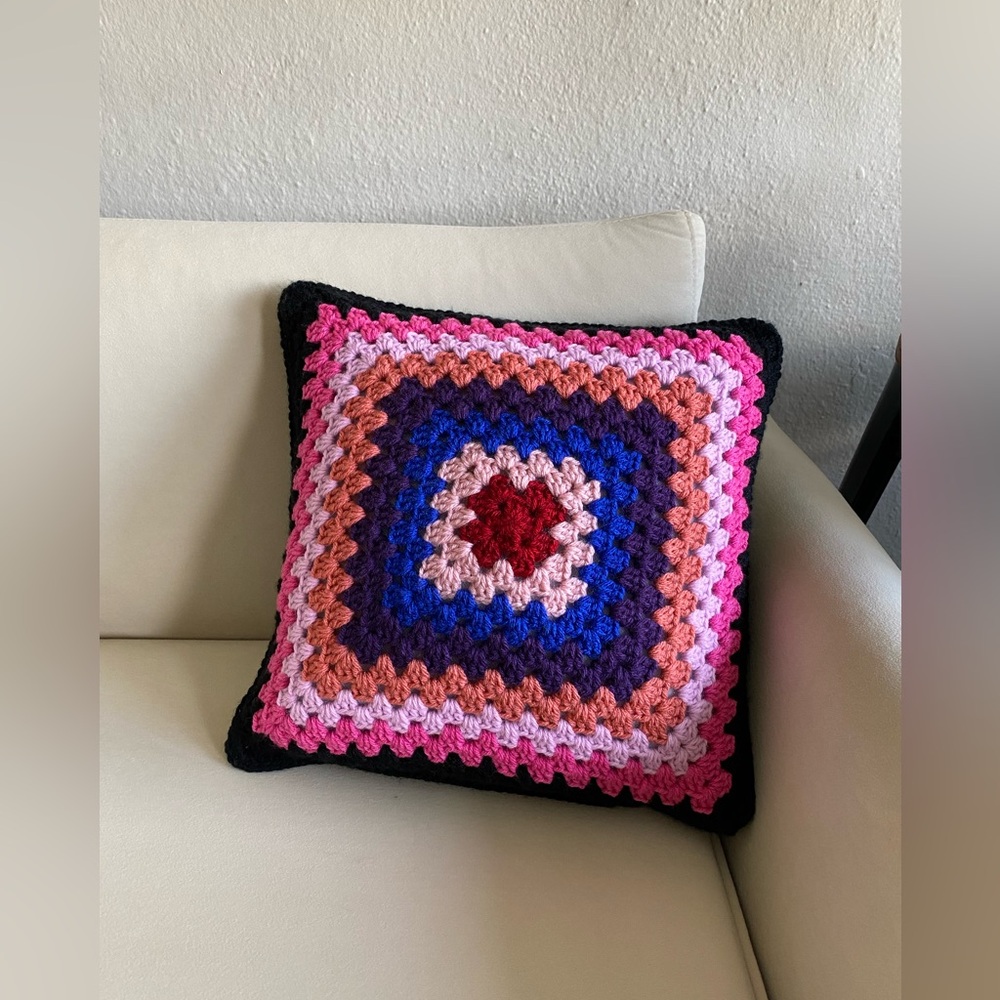Crochet Granny Square Pillow 16”x16” Colorful Boho Eclectic Throw Accent Decor